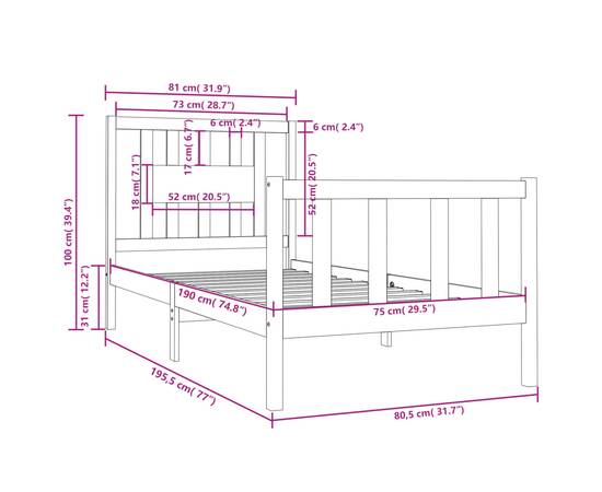 Cadru de pat small single 2ft6, 75x190 cm, lemn masiv, 6 image