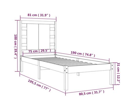 Cadru de pat small single 2ft6, alb, 75x190 cm, lemn masiv, 6 image
