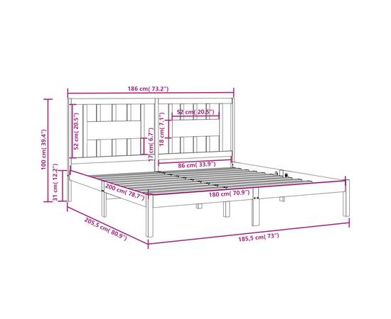 Cadru de pat super king 6ft, alb, 180x200 cm, lemn masiv, 6 image