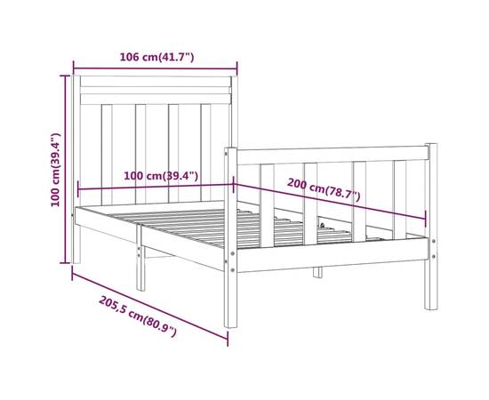 Cadru de pat, negru, 100x200 cm, lemn masiv de pin, 8 image