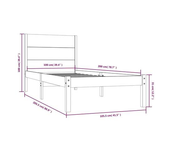 Cadru de pat, alb, 100x200 cm, lemn masiv de pin, 6 image
