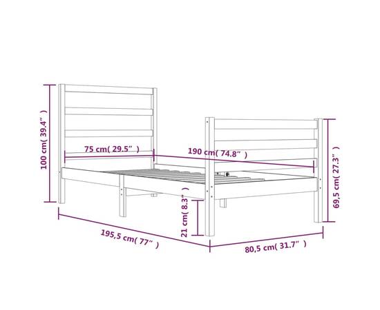 Cadru de pat 2ft6 small single, alb, 75x190 cm, lemn masiv pin, 6 image