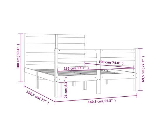 Cadru de pat dublu 4ft6, 135x190 cm, lemn masiv pin, 6 image