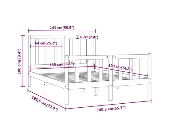 Cadru de pat dublu 4ft6, 135x190 cm, lemn masiv, 6 image