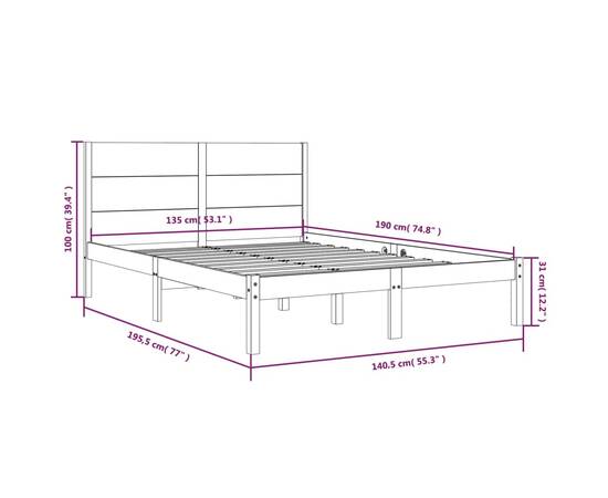 Cadru de pat dublu 4ft6, alb, 135x190 cm, lemn masiv, 6 image