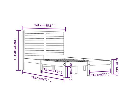 Cadru de pat dublu 4ft6, alb, 135x190 cm, lemn masiv, 6 image