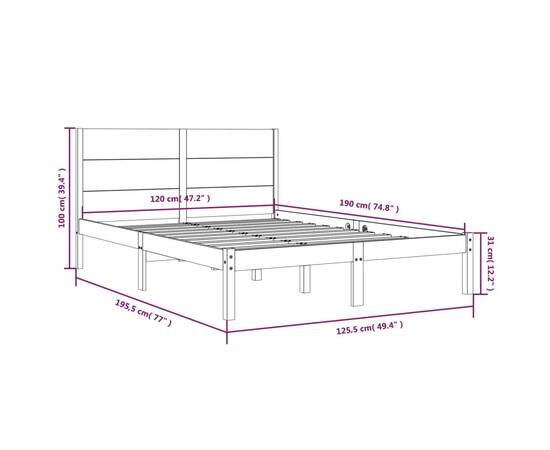 Cadru de pat mic dublu 4ft, 120x190 cm, lemn masiv, 6 image