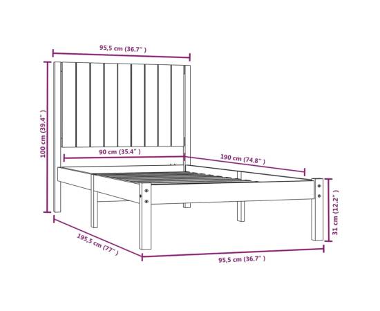 Cadru de pat single 3ft, alb, 90x190 cm, lemn masiv de pin, 6 image