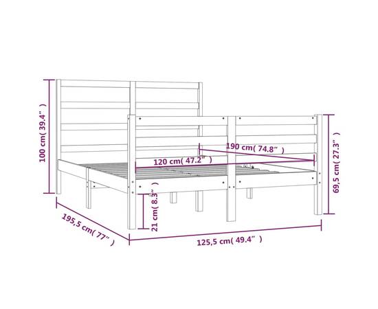 Cadru de pat small double 4ft, alb, 120x190 cm, lemn masiv pin, 6 image