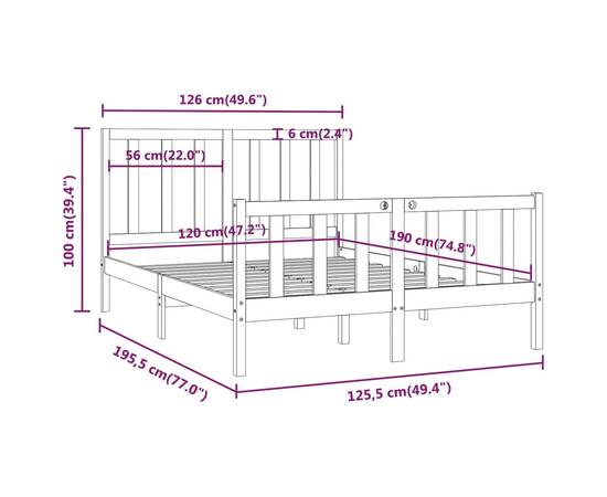 Cadru de pat small double 4ft, negru, 120x190 cm, lemn masiv, 6 image