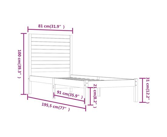 Cadru de pat small single 2ft6, 75x190 cm, lemn masiv, 6 image