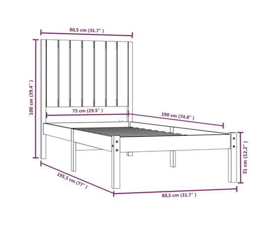 Cadru de pat small single 2ft6, alb, 75x190 cm, lemn masiv, 6 image