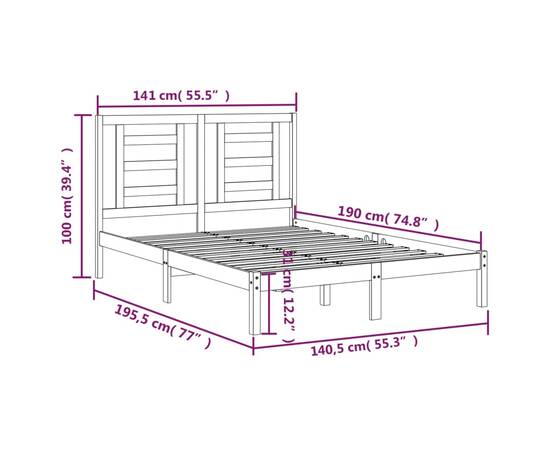 Cadru de pat dublu 4ft6, alb, 135x190 cm, lemn masiv pin, 6 image