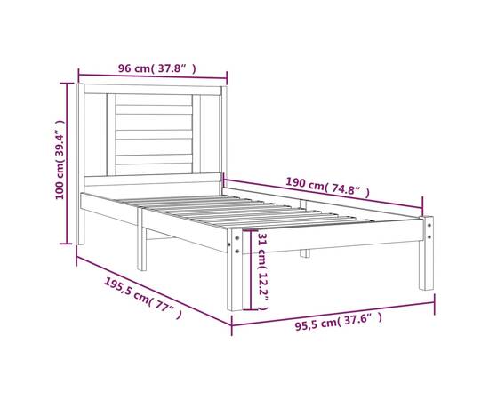 Cadru de pat single 3ft, alb, 90x190 cm, lemn masiv de pin, 6 image