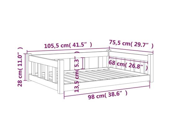 Pat pentru câini, negru, 105,5x75,5x28 cm, lemn masiv de pin, 7 image