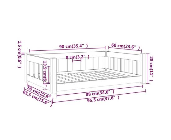 Pat pentru câini, negru, 95,5x65,5x28 cm, lemn masiv de pin, 7 image