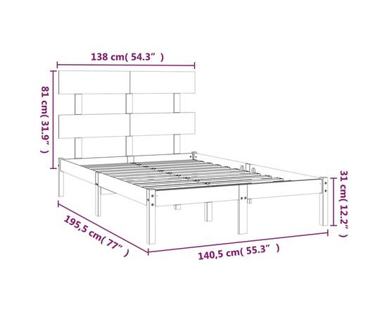 Cadru de pat dublu 4ft6, gri, 135x190 cm, lemn masiv, 6 image