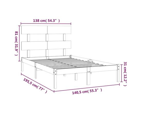 Cadru de pat dublu 4ft6, negru, 135x190 cm, lemn masiv, 6 image