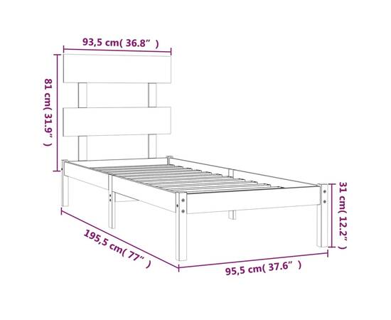 Cadru de pat single 3ft6, alb, 90x190 cm, lemn masiv, 6 image