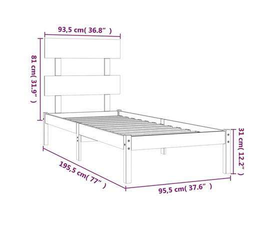 Cadru de pat single 3ft6, negru, 90x190 cm, lemn masiv, 6 image