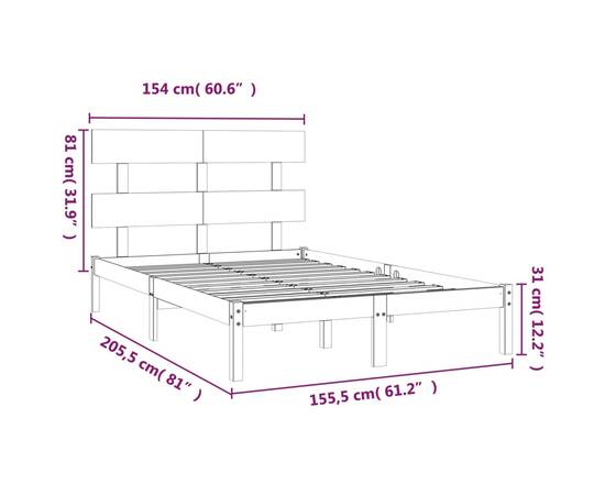 Cadru pat 5ft king size, alb, 150x200 cm, lemn masiv, 6 image