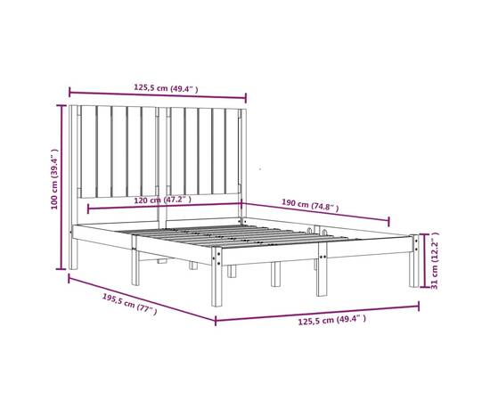 Cadru pat small double 4ft, maro miere, 120x190 cm, lemn masiv, 6 image