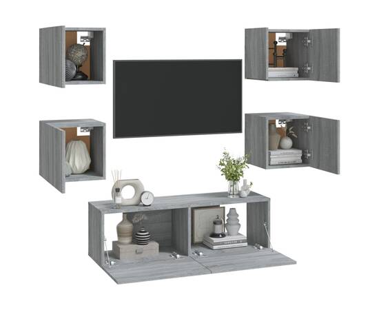Set dulapuri tv montate pe perete, gri sonoma, lemn prelucrat, 3 image
