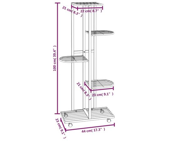 Suport de flori cu 5 etaje, cu roți, negru, 44x23x100 cm, fier, 7 image