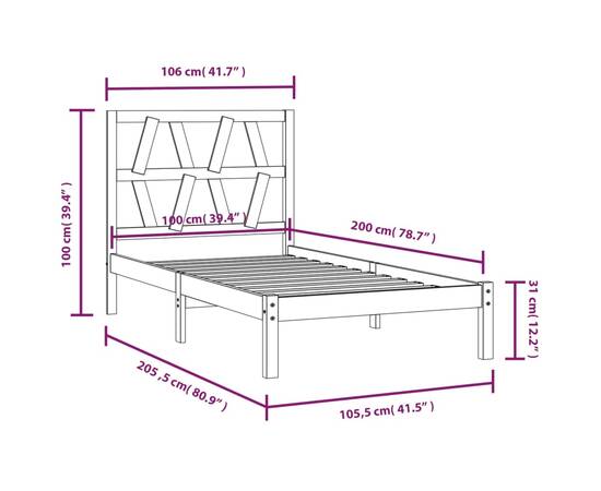 Cadru de pat, 100x200 cm, negru, lemn masiv de pin, 6 image