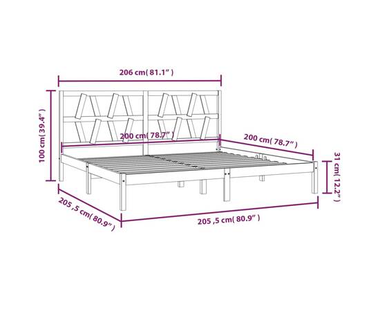 Cadru de pat, negru, 200x200 cm, lemn masiv de pin, 6 image