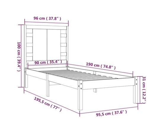 Cadru de pat single 3ft, 90x190 cm, lemn masiv, 6 image