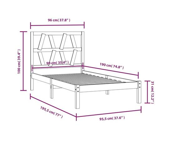 Cadru de pat single 3ft, negru, 90x190 cm, lemn masiv de pin, 6 image