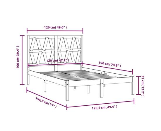 Cadru de pat small double 4ft, 120x190 cm, lemn masiv de pin, 6 image