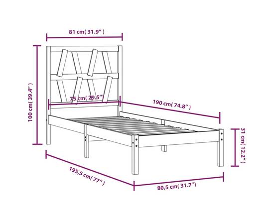 Cadru de pat small single, negru, 75x190 cm lemn masiv de pin, 6 image