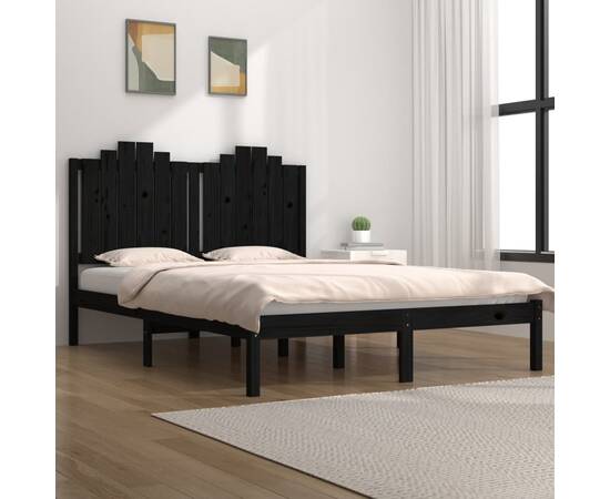 Cadru pat small double 4ft, negru, 120x190 cm, lemn masiv pin