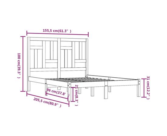 Cadru de pat 5ft king size, 150x200 cm, lemn masiv de pin, 6 image