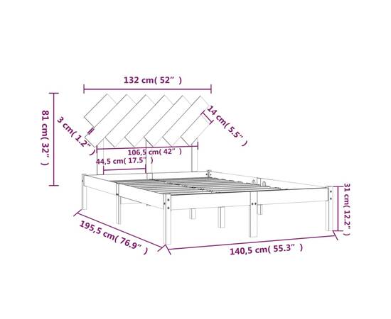 Cadru de pat dublu 4ft6, gri, 135x190 cm, lemn masiv, 6 image