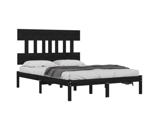 Cadru de pat dublu 4ft6, negru, 135x190 cm, lemn masiv, 3 image