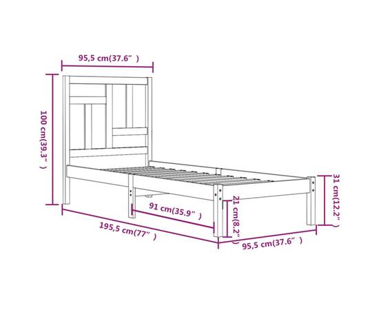 Cadru de pat single 3ft, 90x190 cm, lemn masiv de pin, 6 image