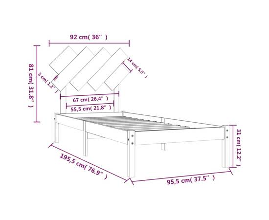 Cadru de pat single 3ft, negru, 90x190 cm, lemn masiv, 6 image