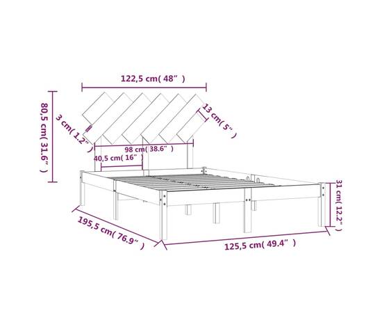 Cadru de pat small double 4ft, alb, 120x190 cm, lemn masiv, 6 image