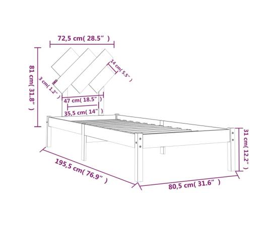 Cadru de pat small single 2ft6, negru, 75x190 cm, lemn masiv, 6 image