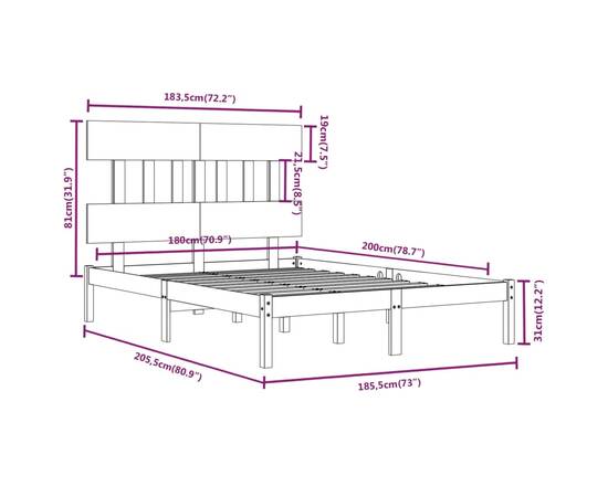 Cadru de pat super king 6ft, 180x200 cm, lemn masiv, 6 image