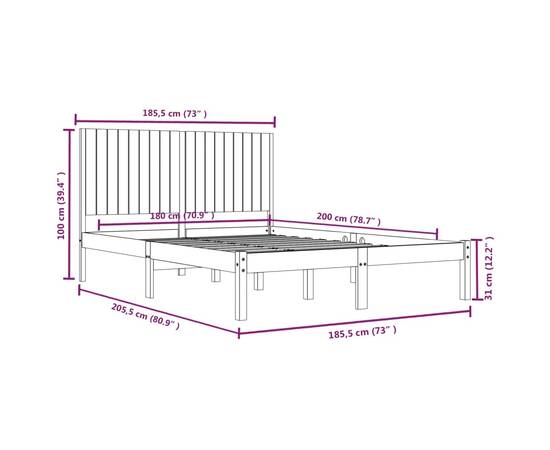 Cadru de pat super king 6ft, alb, 180x200 cm, lemn masiv, 6 image