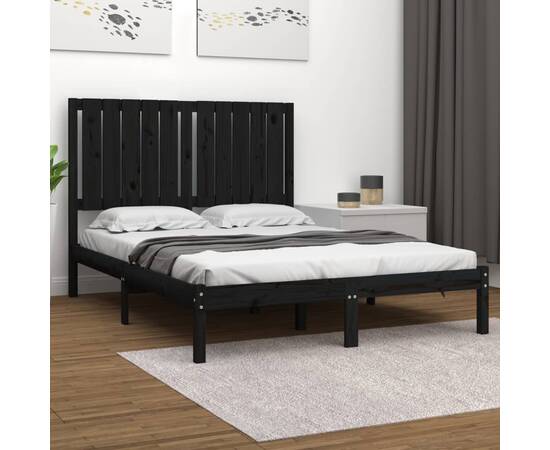 Cadru pat small double 4ft, negru, 120x190 cm, lemn masiv