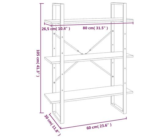 Bibliotecă, gri sonoma, 80x30x105 cm, lemn prelucrat, 7 image