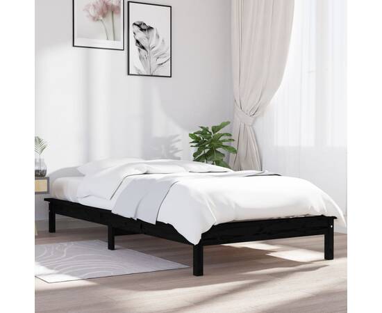 Cadru de pat mic single 2ft6, negru,75x190cm, lemn masiv de pin