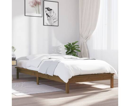 Cadru de pat single 3ft, maro miere,90x190cm, lemn masiv de pin