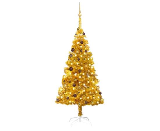 Brad de crăciun artificial cu led&globuri auriu 180 cm pet