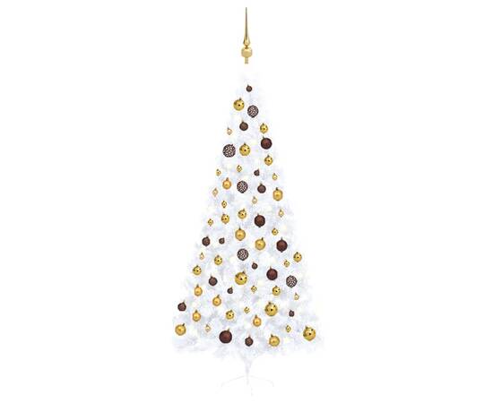 Set brad crăciun artificial jumătate cu led&globuri alb 240 cm